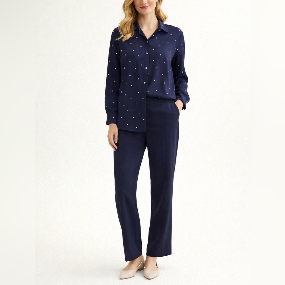 Pure Collection 100% silk Blue Blouse XL top sz 14 16 long sleeve button shirt